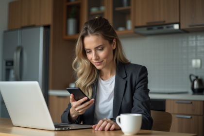 Femme en cuisine regardant son smartphone avec curiosite