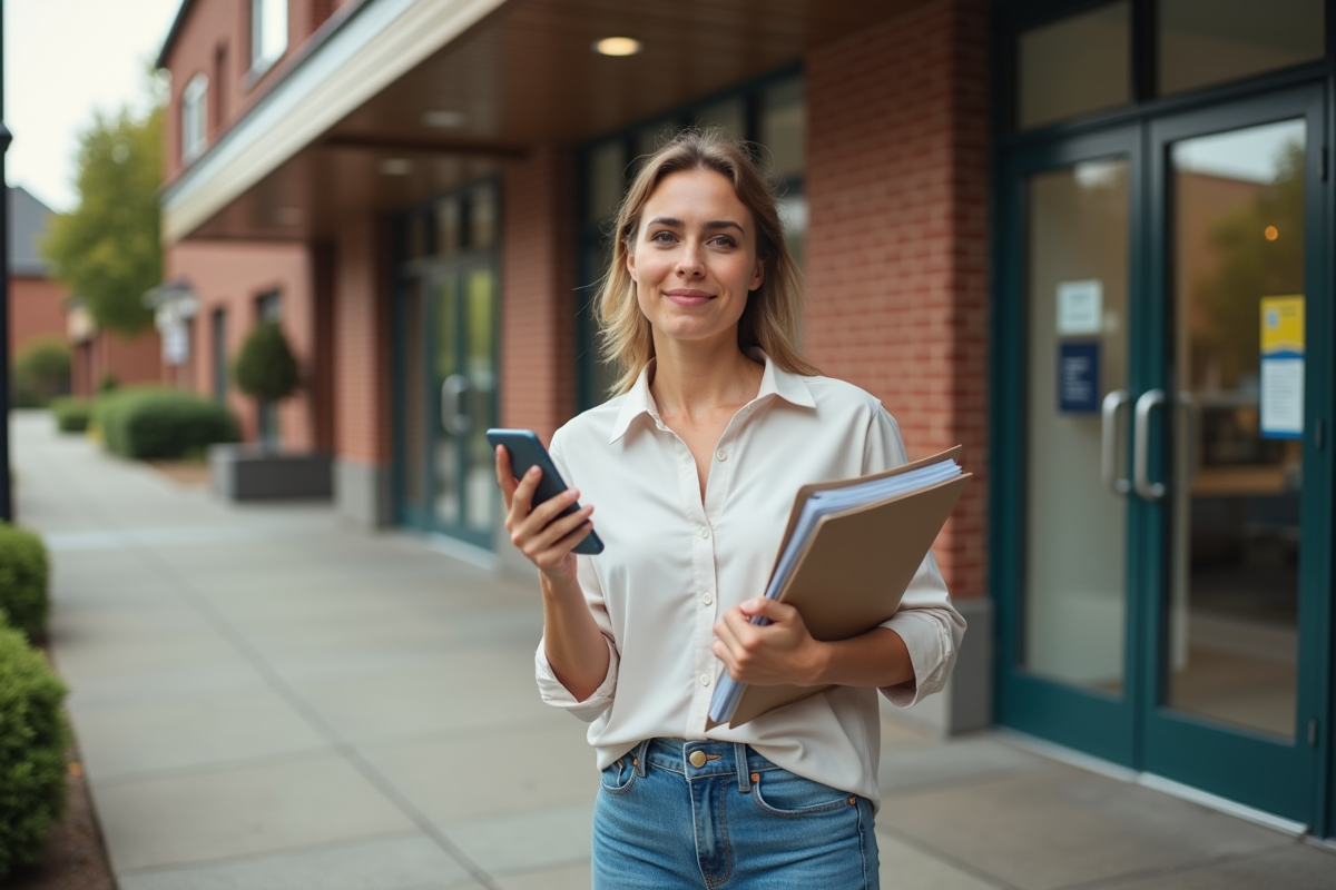 Jeune femme avec dossier et téléphone devant une banque