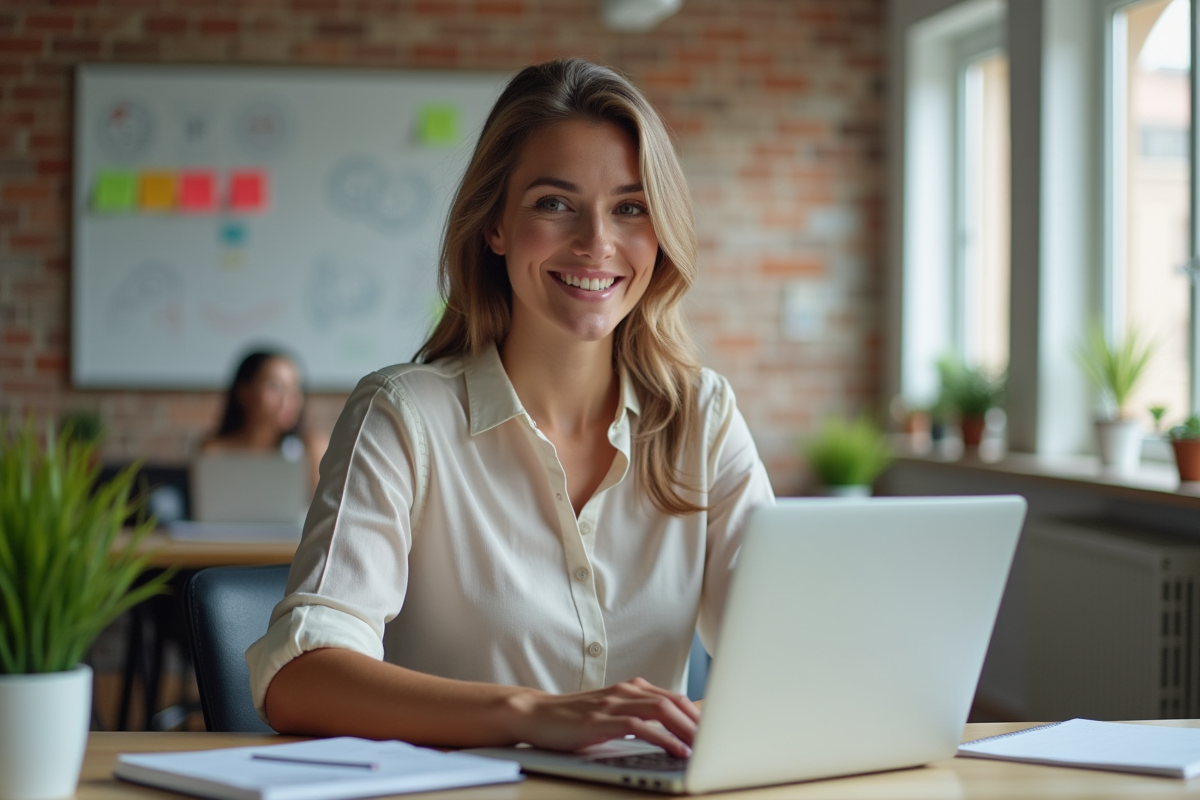 Femme concentrée travaillant à son bureau lumineux