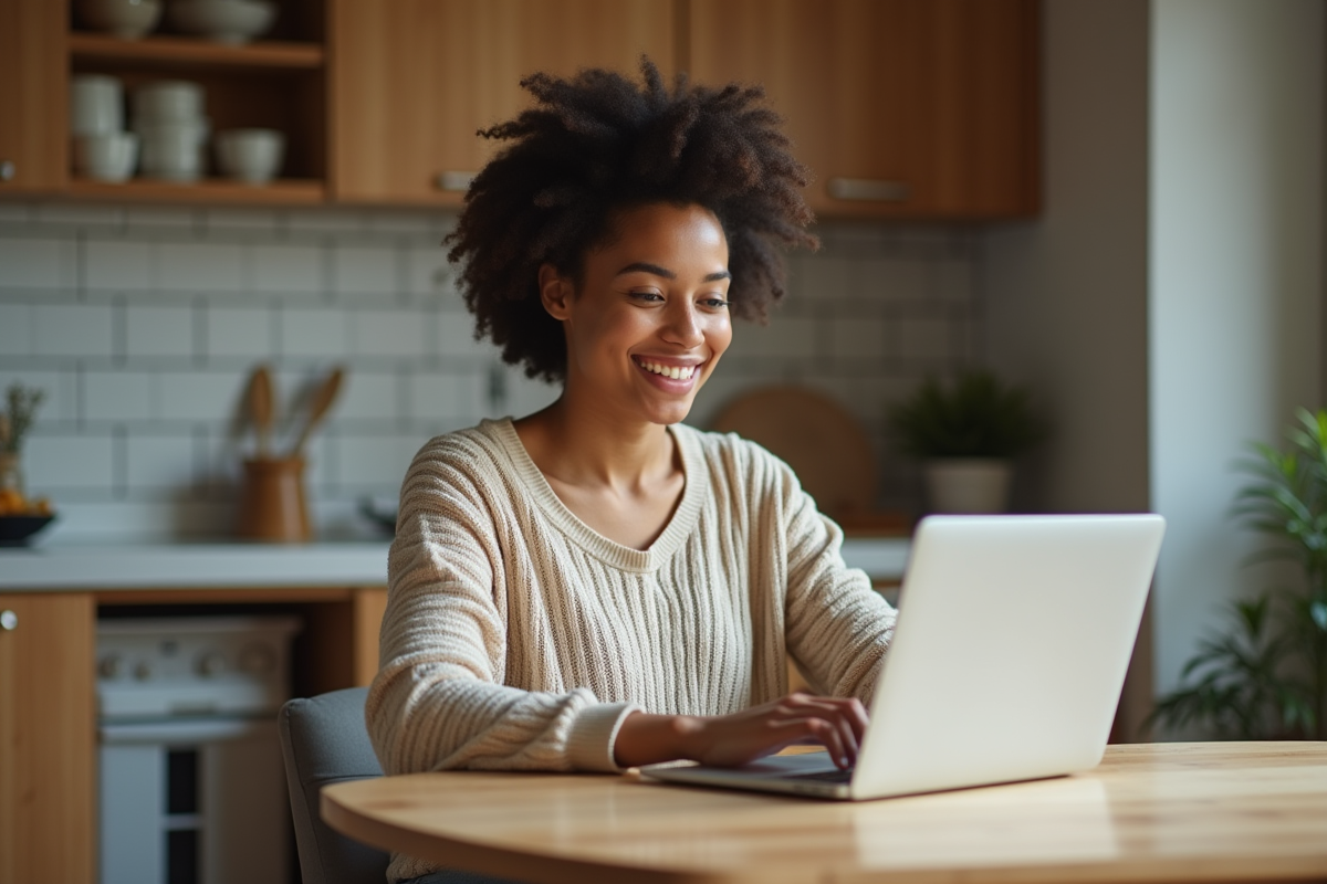Jeune femme souriante travaillant à la maison avec un ordinateur