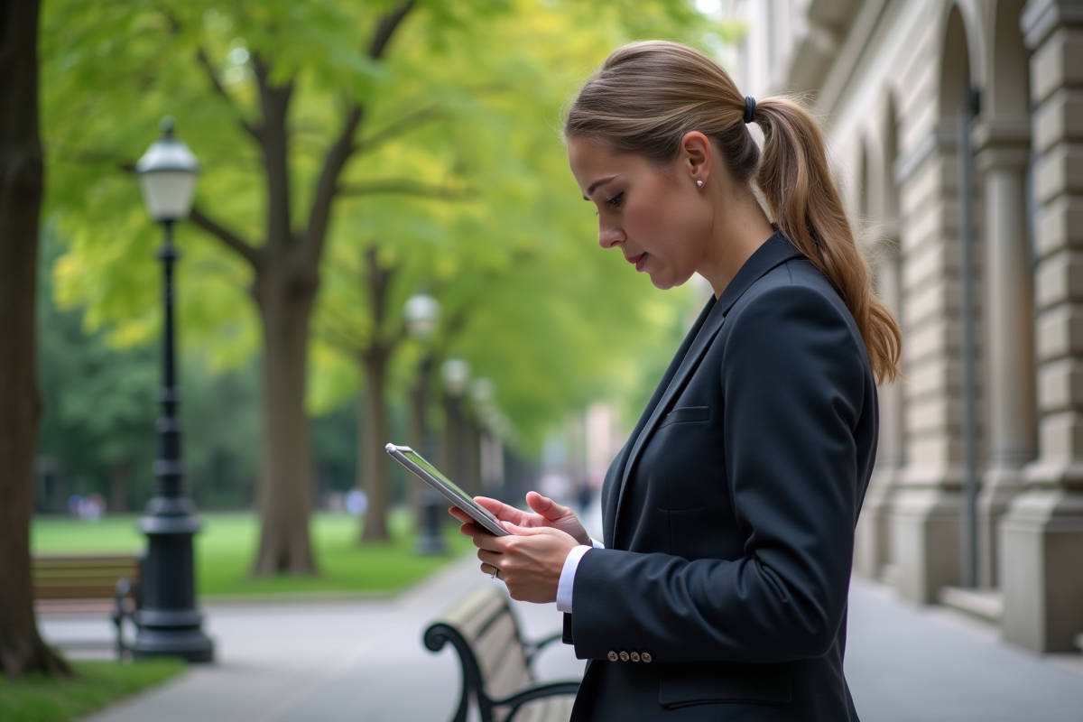 Femme utilisant une tablette dans un parc urbain