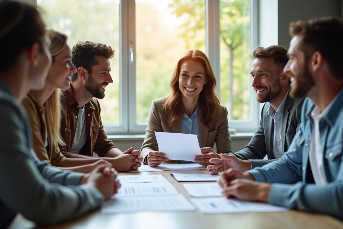 Groupe d'adultes souriants autour d'une table pour la gestion financière