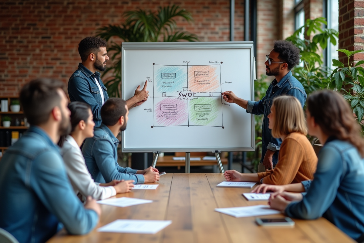 Groupe de jeunes professionnels discutant autour d un tableau SWOT