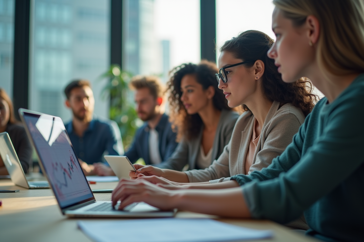 Groupe de jeunes professionnels analysant des données fintech en classe