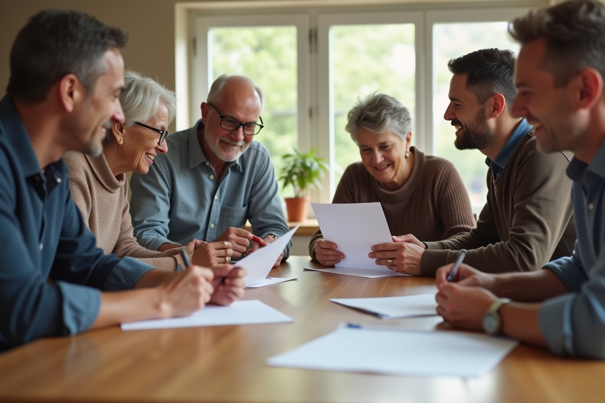 Groupe diversifié de personnes lisant des lettres à la cuisine