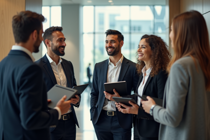 Groupe de professionnels dans un lobby moderne