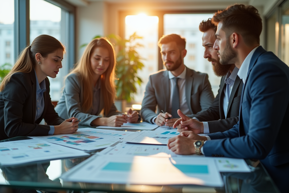 Groupe de professionnels analysant des graphiques financiers dans un bureau lumineux