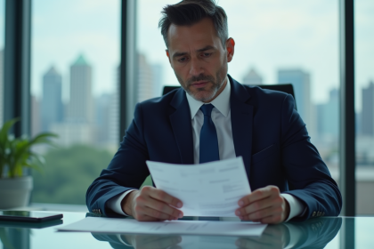 Homme d'affaires anxieux regardant un rapport financier