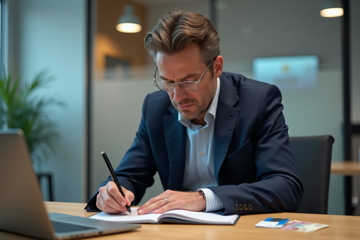 Homme d'affaires en costume dans une banque moderne