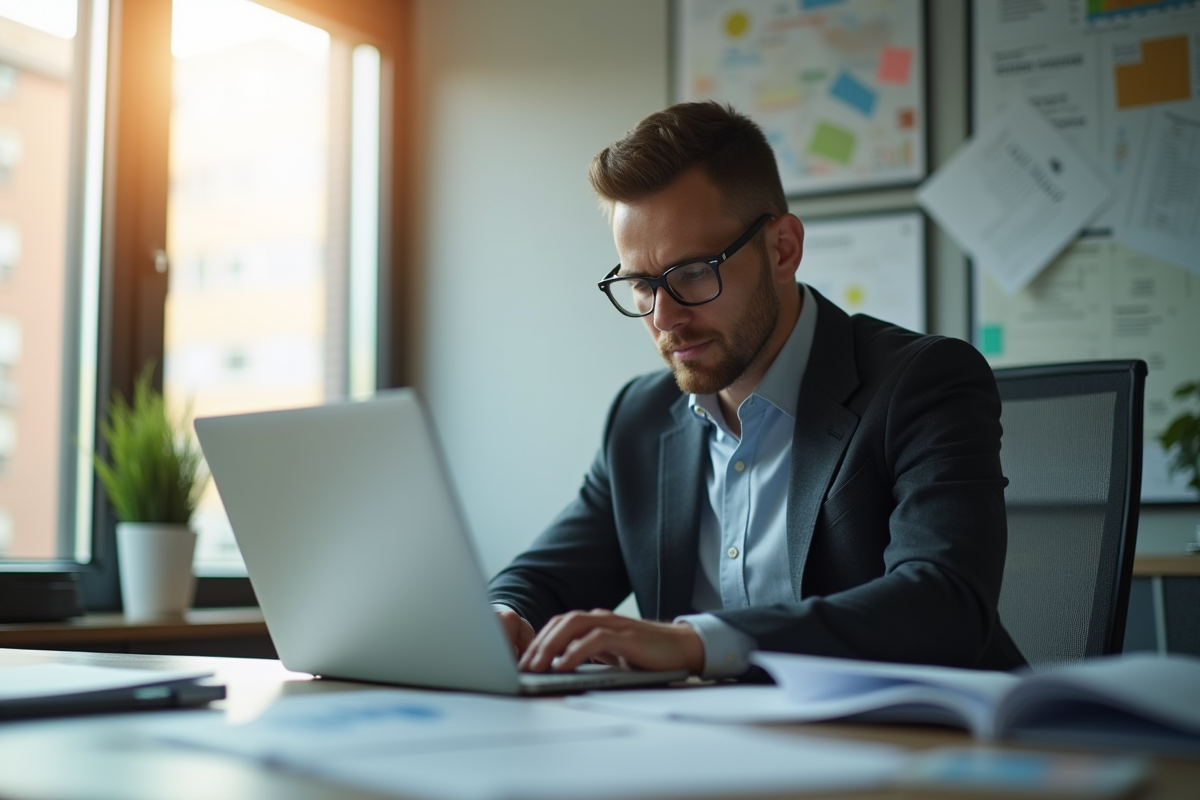 Homme d'affaires au bureau travaillant sur un ordinateur