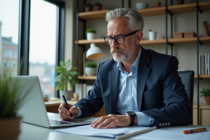 Homme d'affaires en costume bleu dans un bureau moderne