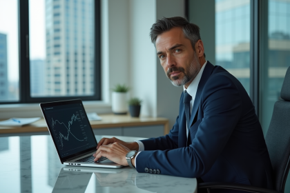 Homme d'affaires confiant avec ordinateur portable en bureau