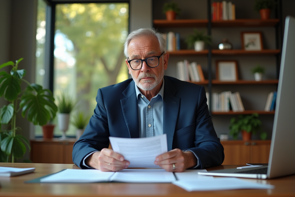 Homme d'affaires en costume regardant des documents financiers