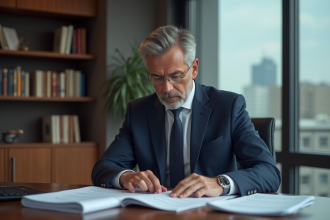 Homme d'affaires en costume navy dans un bureau professionnel