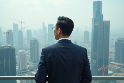 Homme d'affaires chinois regardant la ville depuis un balcon