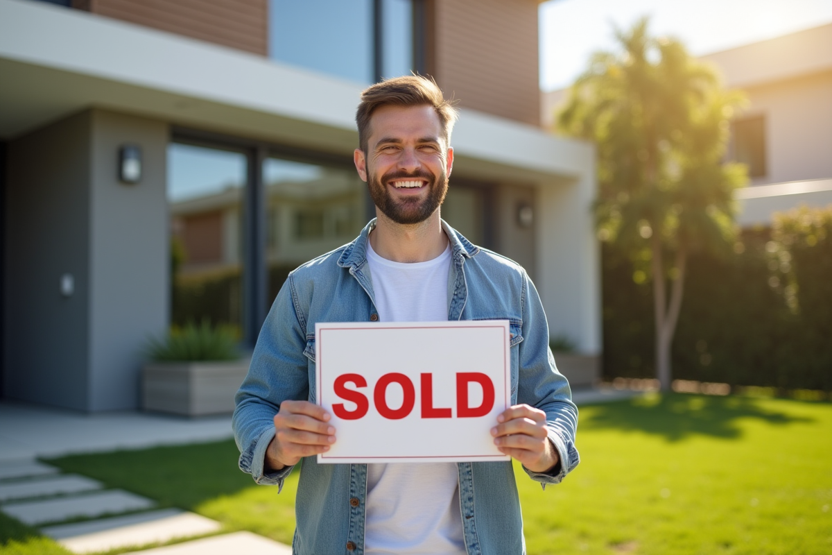 Homme heureux tenant un panneau vendu et des clés devant une maison moderne