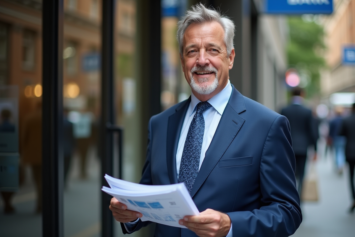 Homme en costume discutant devant une banque en ville