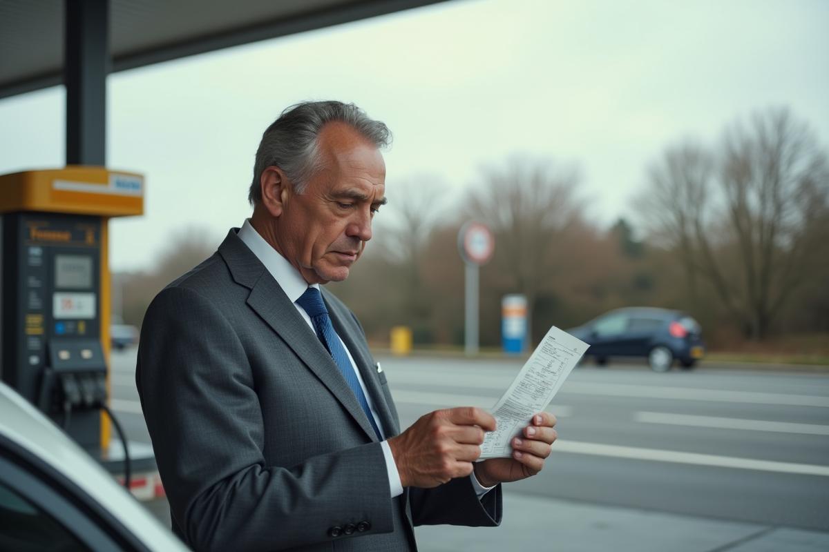 Homme français en costume étudiant un reçu de carburant