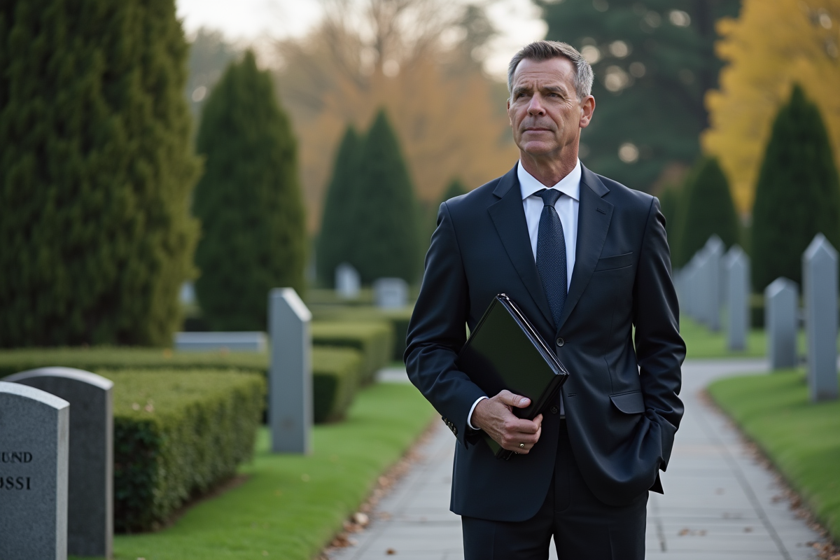 Homme en costume devant une tombe dans un cimetière paisible