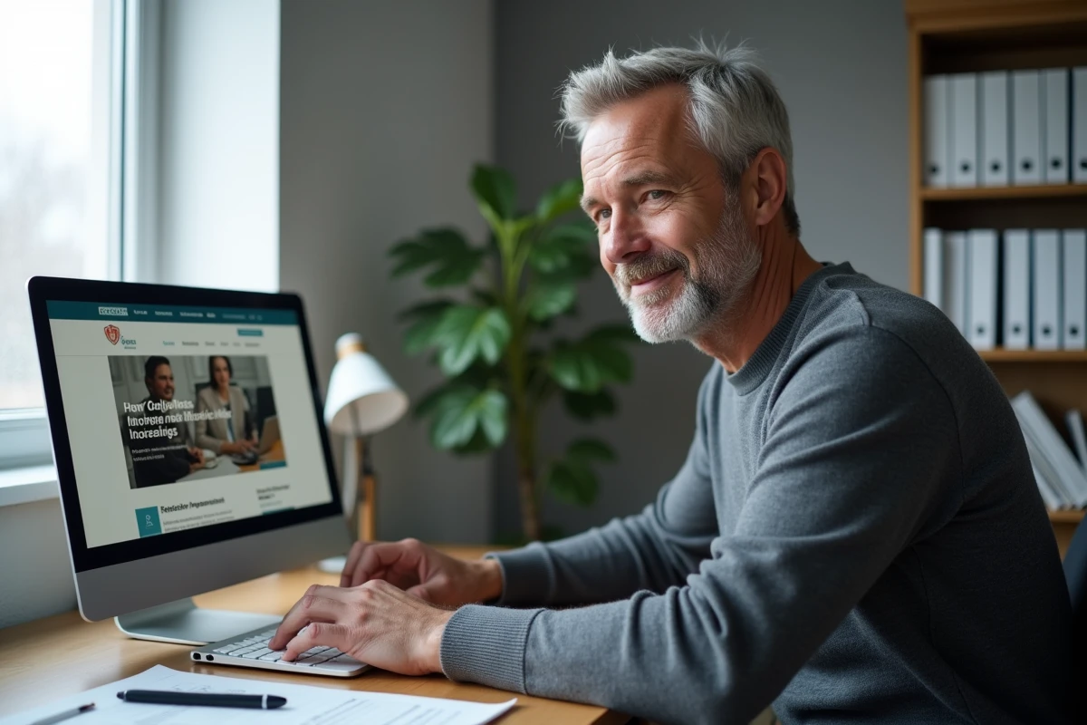 Homme consultant un site web spécialisé en assurance sur ordinateur portable dans un bureau à domicile organisé