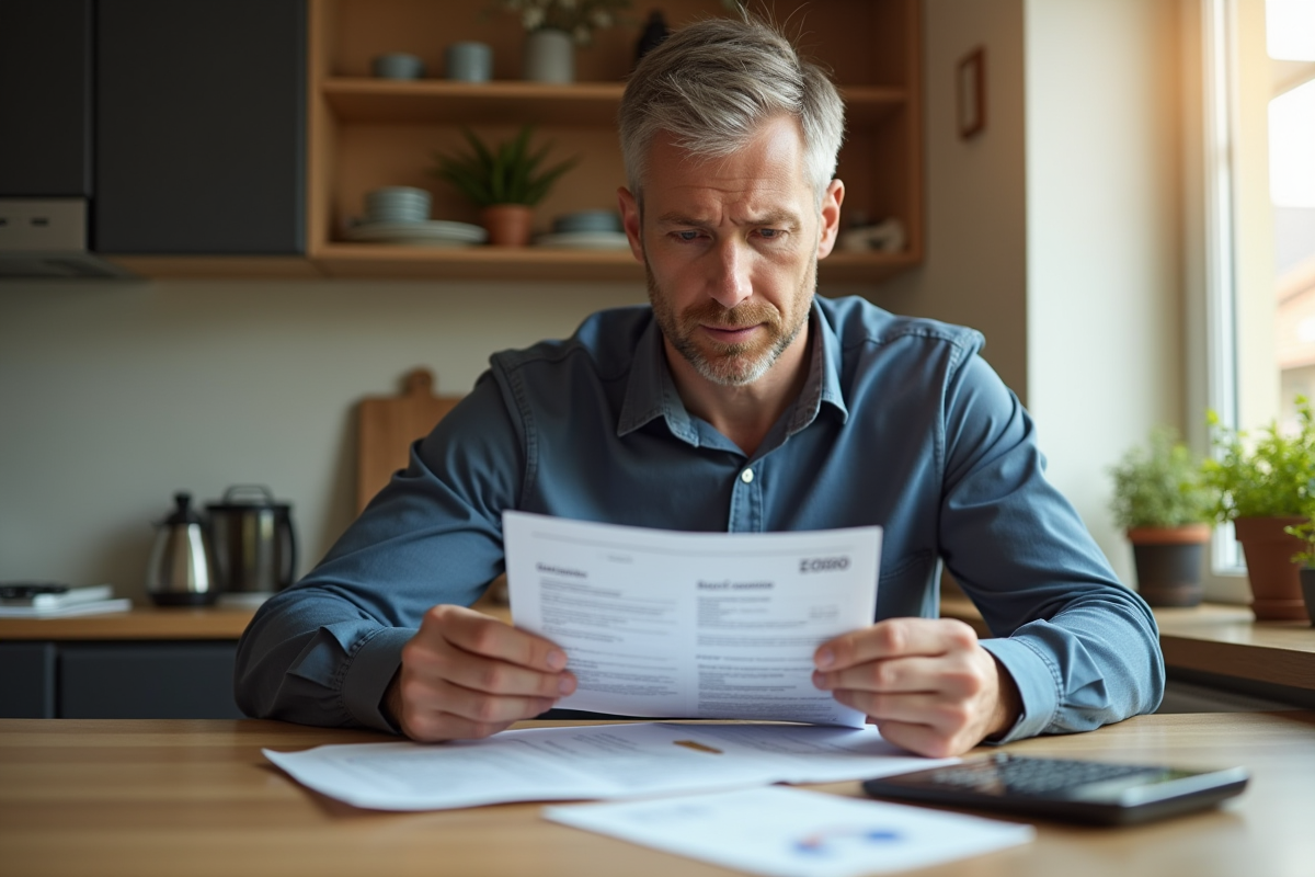 Homme inquiet vérifiant ses relevés bancaires à la maison
