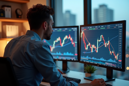 Jeune homme concentré sur crypto et forex en home office
