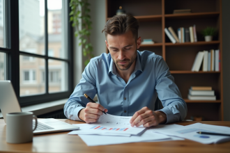 Homme d'affaires analysant des documents financiers