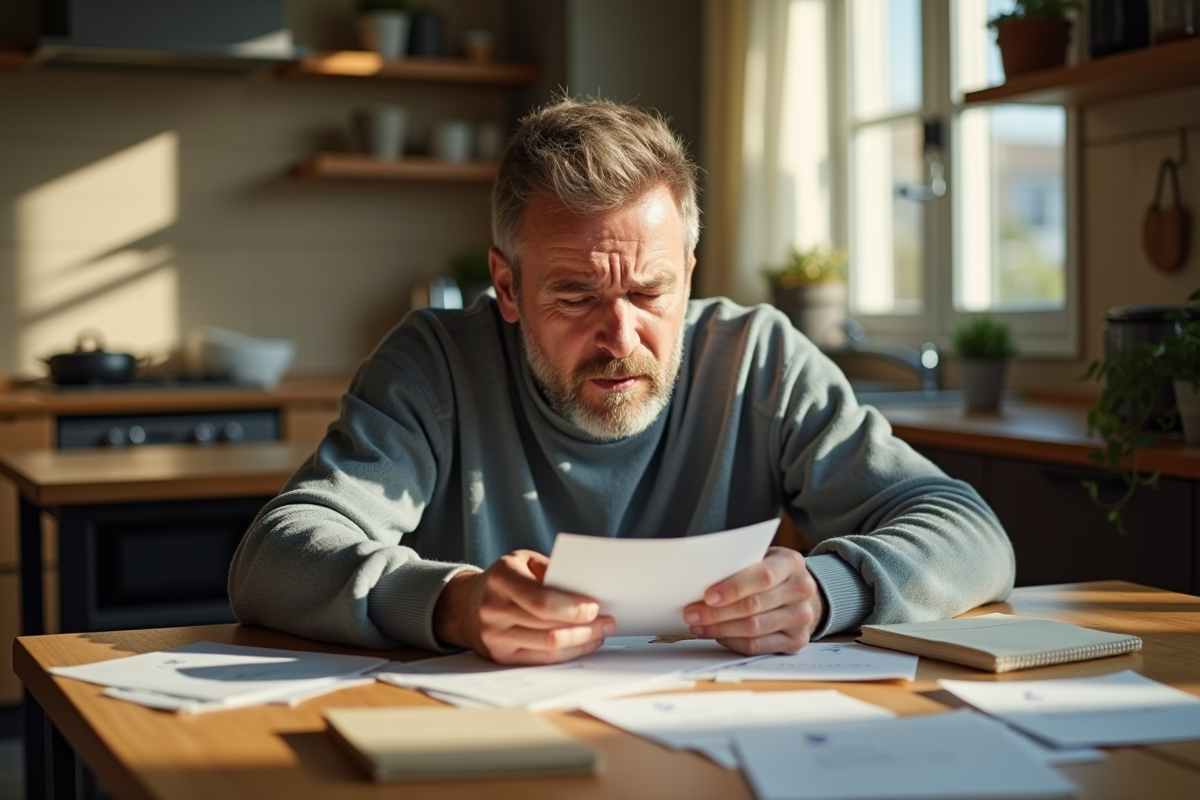 Homme inquiet assis à la cuisine avec factures impayées
