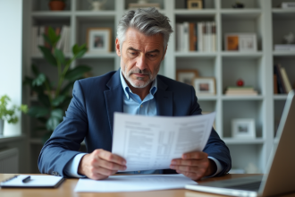Homme d'âge moyen en costume examine des documents de prêt