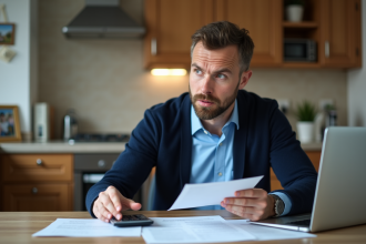 Homme en bleu et cardigan examine des documents de prêt