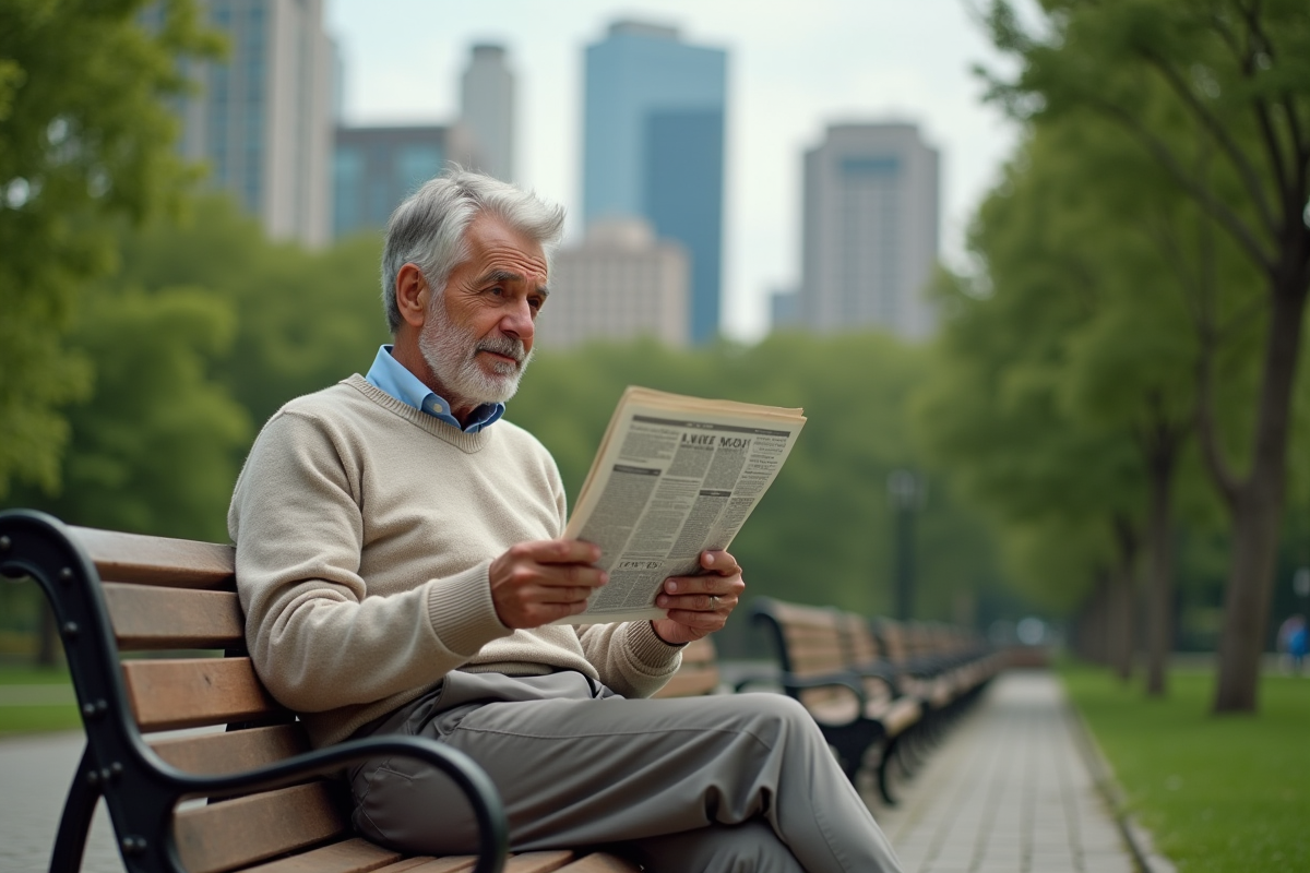 Homme âgé lisant un journal dans un parc urbain