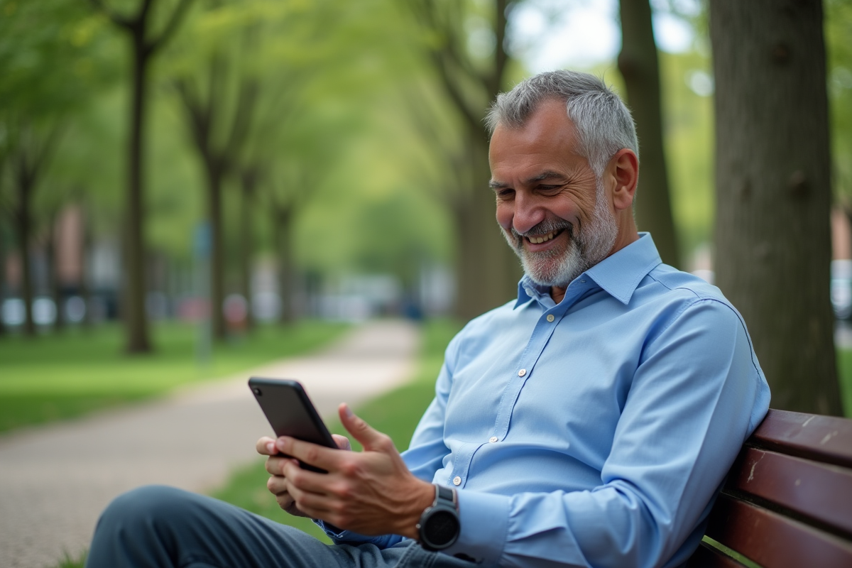 Homme détendu regardant son smartphone dans un parc urbain