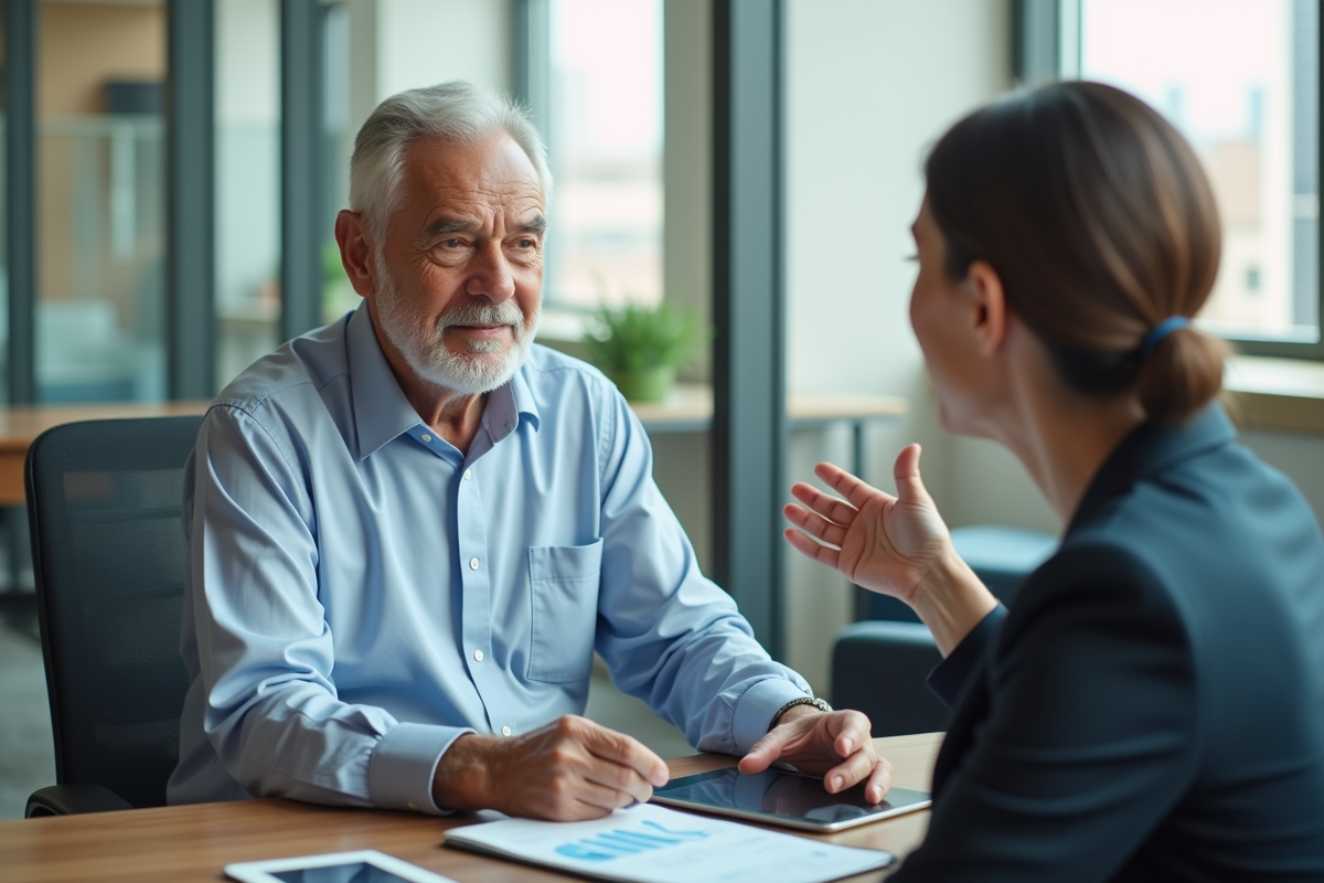 Homme retraité discutant avec un conseiller en bureau moderne