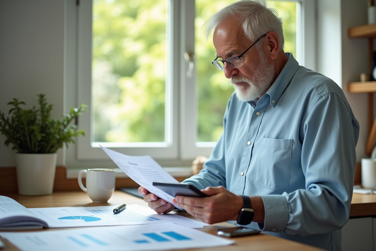 Homme vérifiant des graphiques d intérêts avec une calculatrice