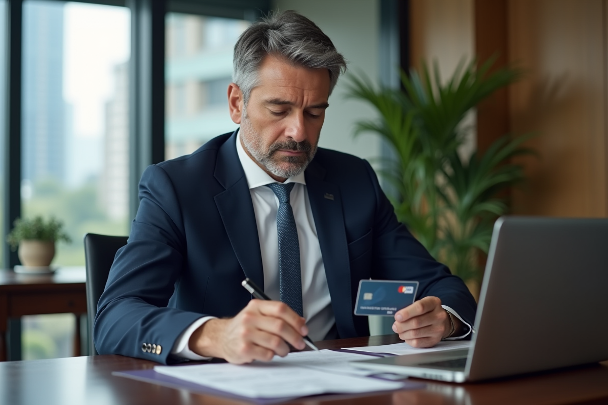 Homme en costume examinant sa carte Visa Premier au bureau