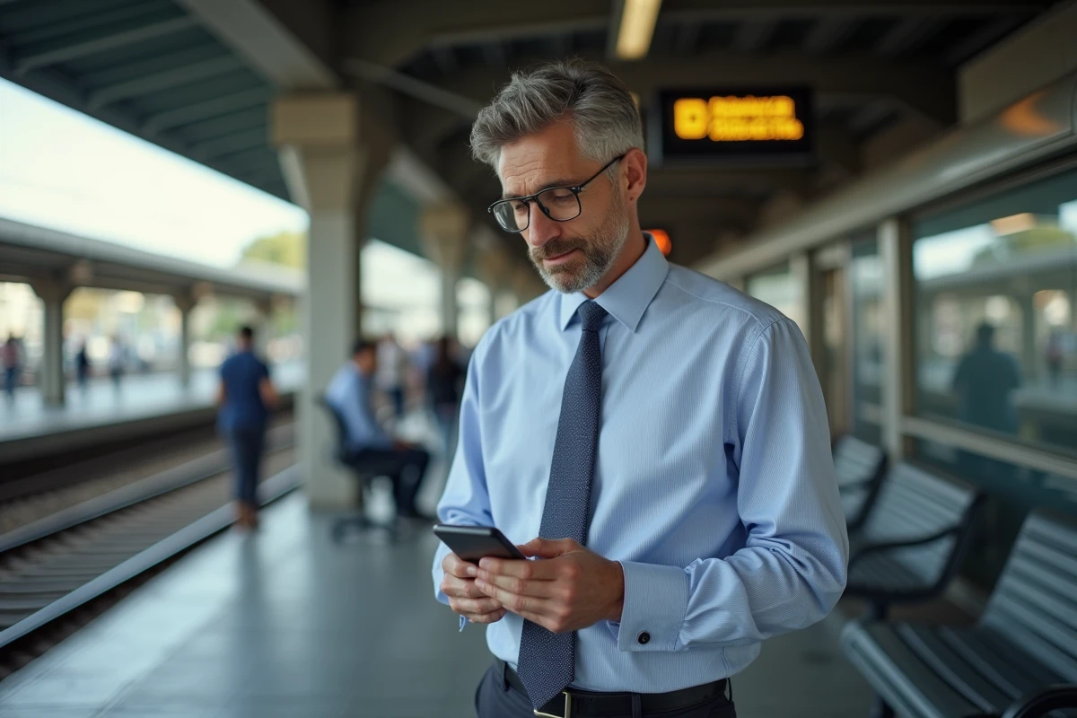 Homme d âge moyen dans une gare utilisant son smartphone