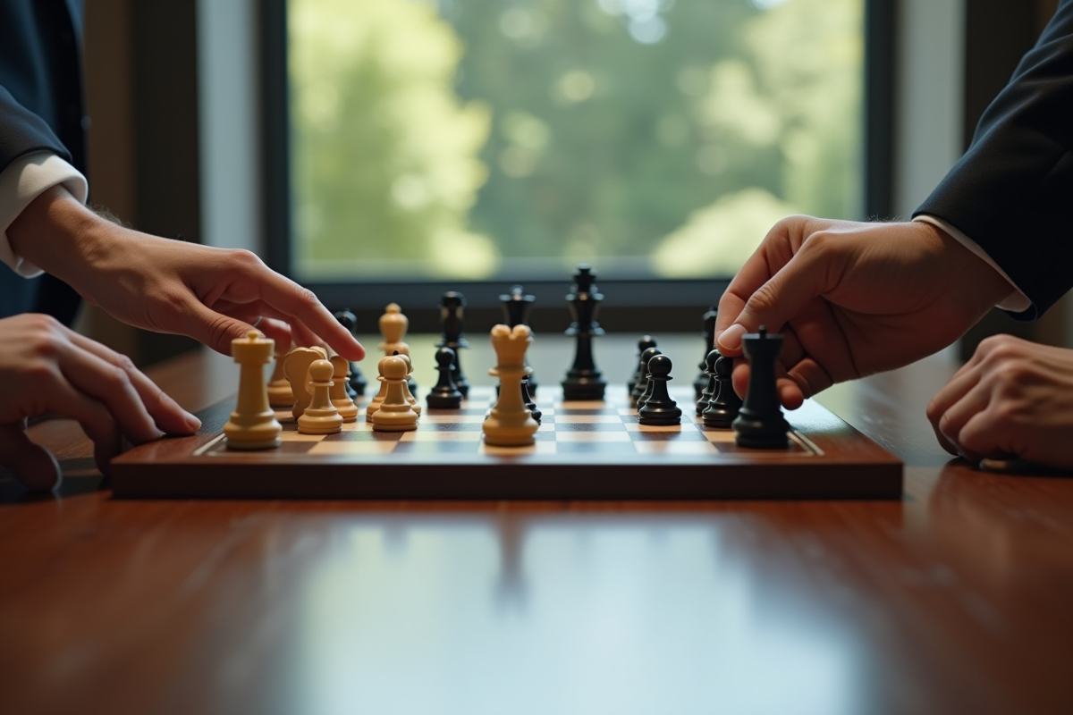 Partie d echecs en salle de reunion avec mains en action