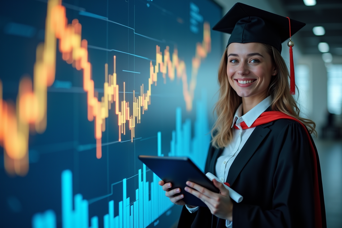 Diplômé tenant un diplôme et une tablette devant un mur de graphiques fintech