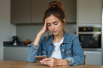 Jeune femme en denim examine une carte prépayée dans la cuisine