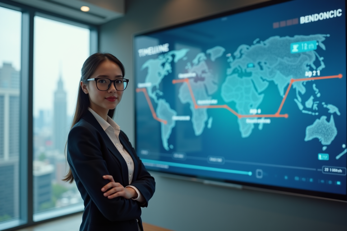 Jeune femme en présentation sur la cryptomonnaie dans une salle moderne