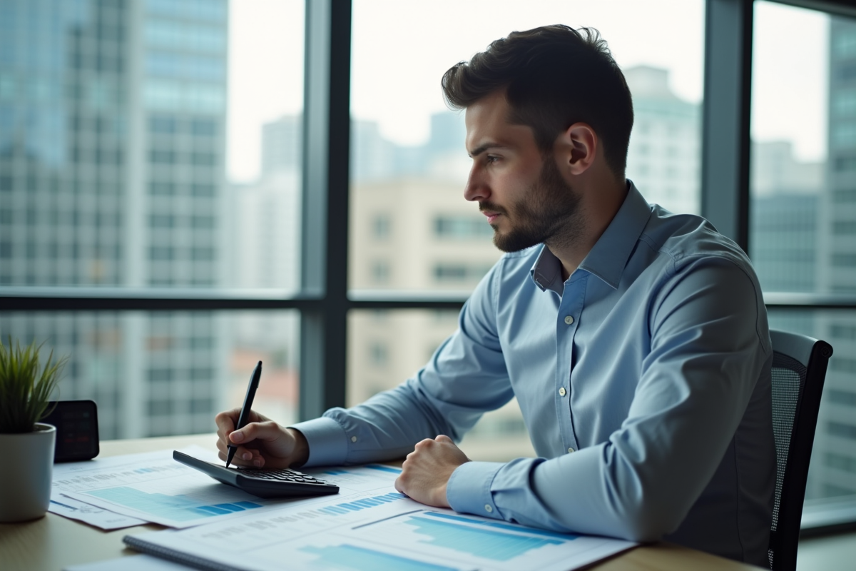 Jeune professionnel analysant des graphiques de prêt immobilier
