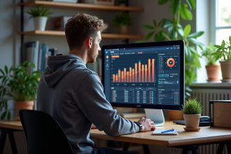 Jeune homme concentré devant un écran de crypto dans un bureau