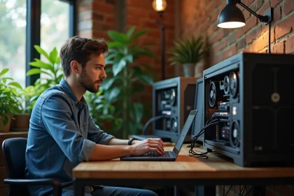 Jeune homme utilisant un ordinateur pour miner du Bitcoin à la maison