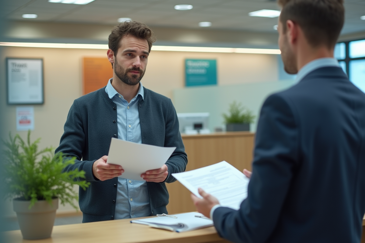 Jeune homme français remet un dossier de taxes à un agent dans un bureau