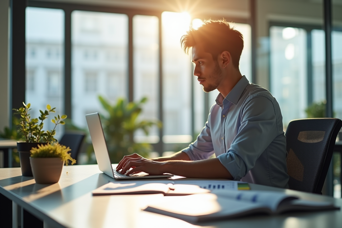 Jeune professionnel au bureau avec graphiques et livres de finance