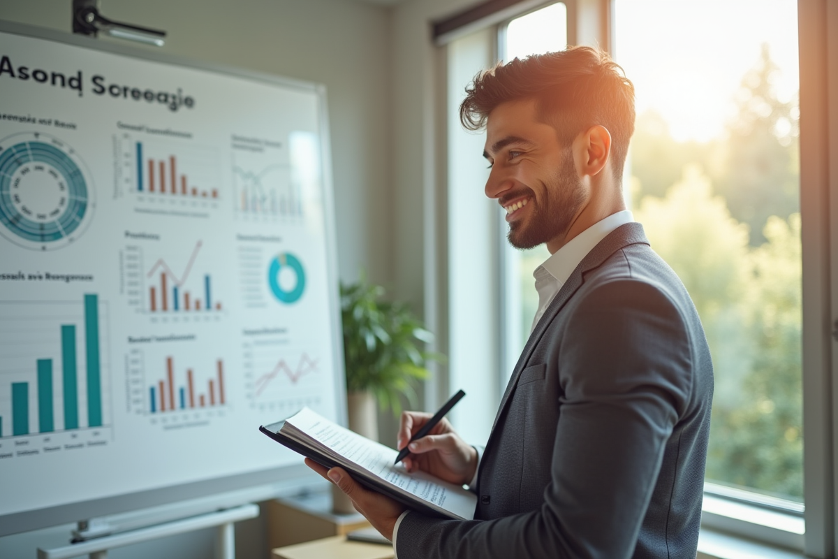 Jeune professionnel souriant avec un carnet devant un tableau financier