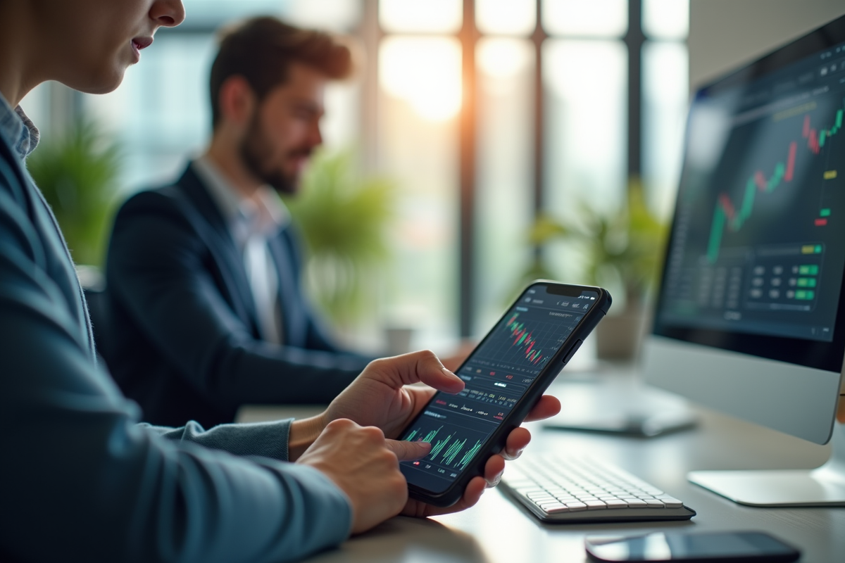 Jeune professionnel utilisant un smartphone pour suivre la bourse