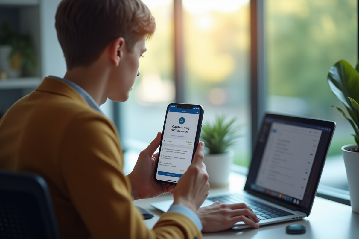 Jeune professionnel utilisant une application de crypto sur smartphone
