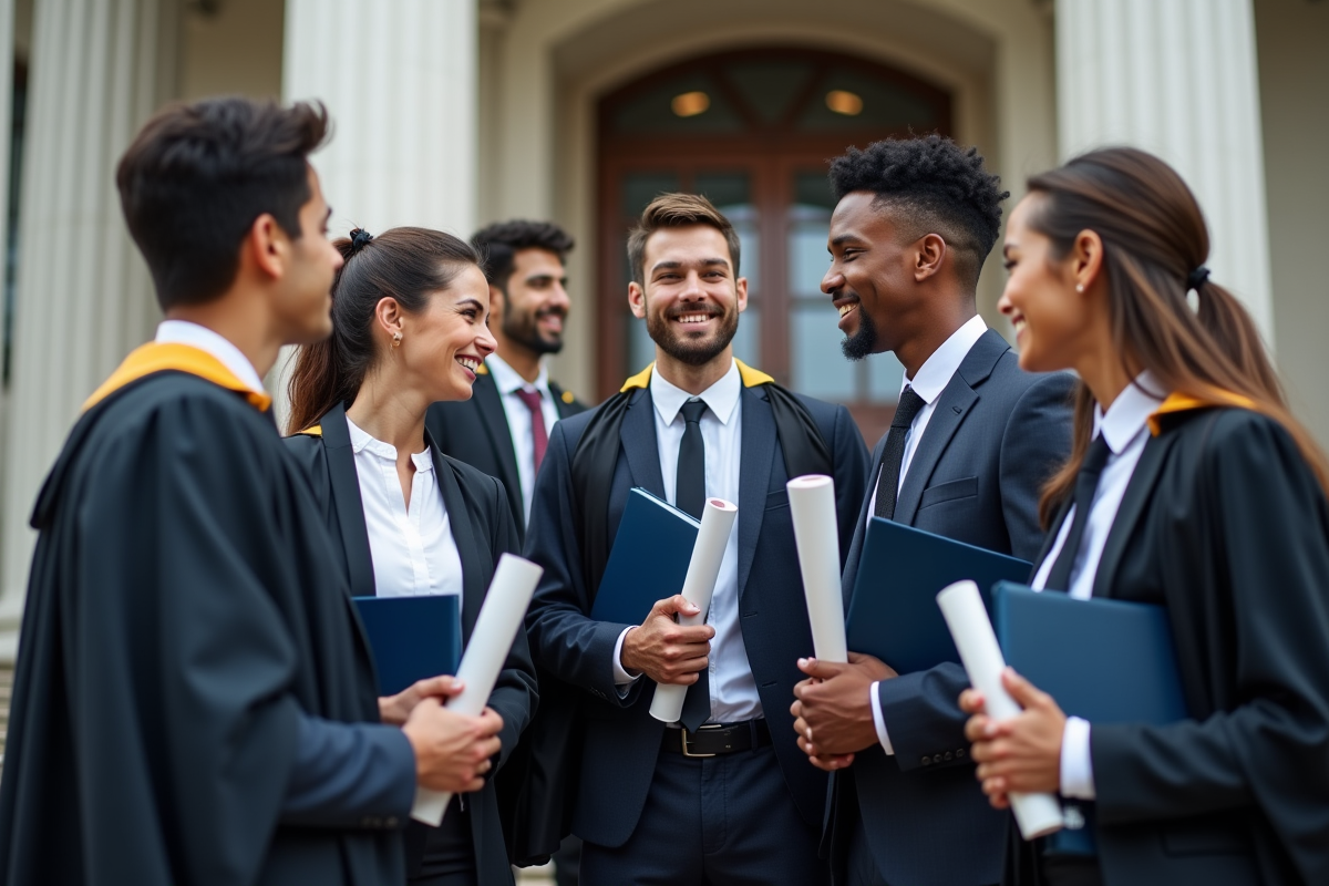 Groupe de diplômés discutant sur les marches d