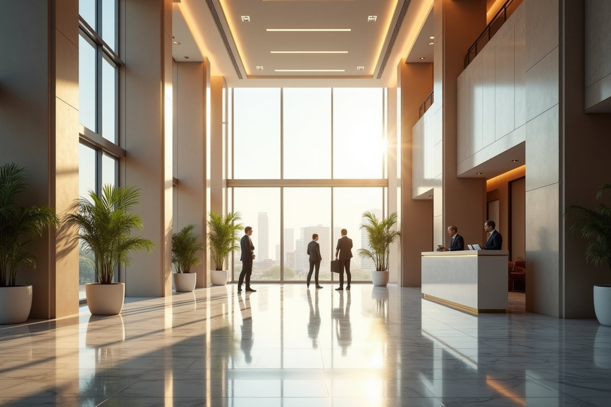 Lobby de banque moderne et sécurisé avec personnel accueillant
